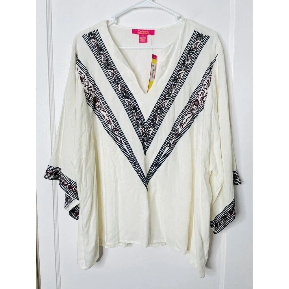 Catherine Malandrino Peasant Blouse M Embroidered Sequin White Boho Cape Sleeves